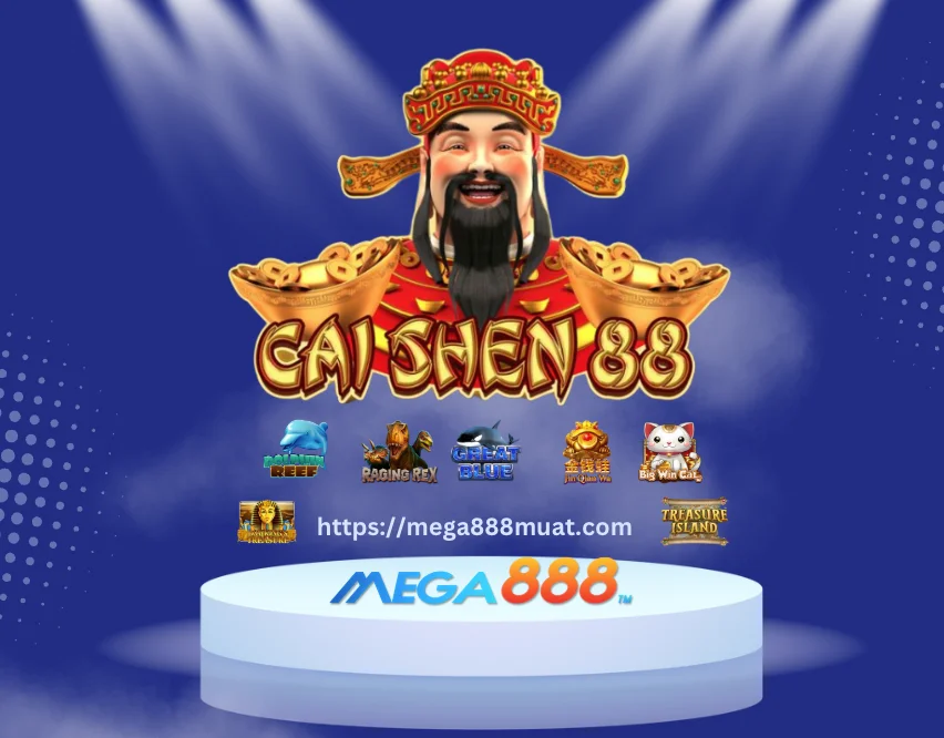 A big Cai Shen Ye featuring Great Blue, Dolphin Reef, Raging Rex, Jin Qian Wa, Big Win Cat and Mega888 Logo