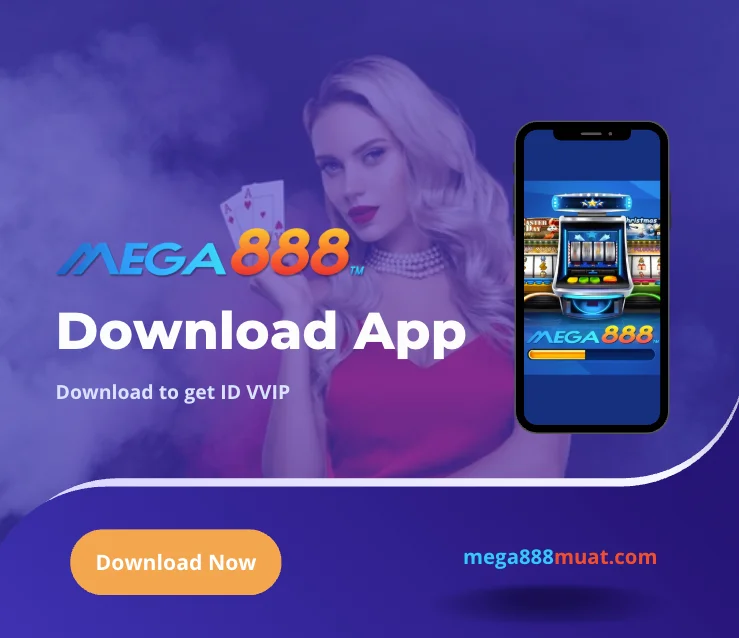 A lady in red as background, mega888 logo, and download mega888.