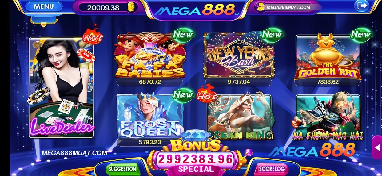 A colorful mega888 home page showcasing various game options, highlighting the latest Mega888 updates.