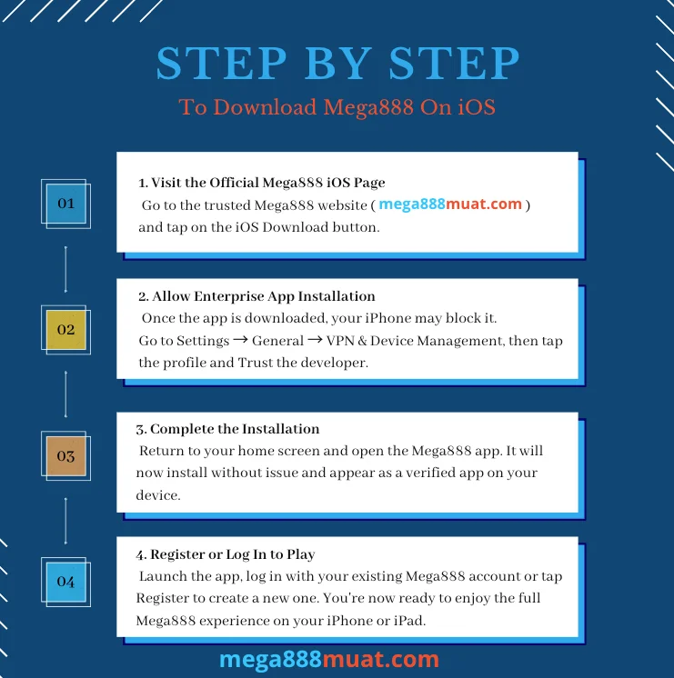 Step-by-step guide to download and install Mega888 on iOS – including official download, trust developer settings, installation process, and account login for iPhone users.