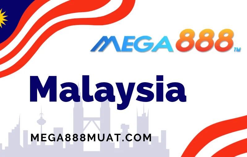 Promotional image for Mega888 Malaysia featuring the Mega888 logo, the word Malaysia in bold blue text, Malaysian flag elements in the corners, and a city skyline silhouette at the bottom. Website URL shown: MEGA888MUAT.COM.