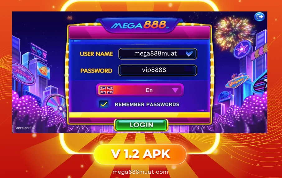 Mega888 latest v1.2 apk login with stunning orange colour background