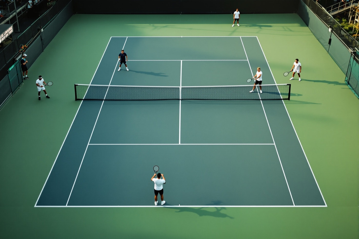 Elevated view of a doubles tennis court showing players positioned at the net and along the baseline