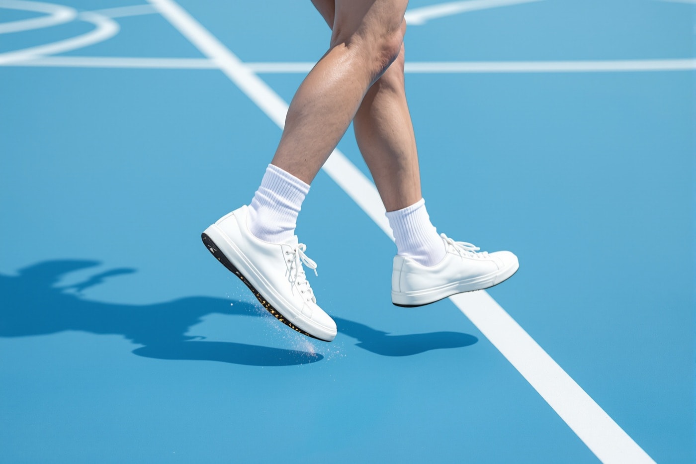 Close-up of a tennis player's feet mid split-step on a hard court