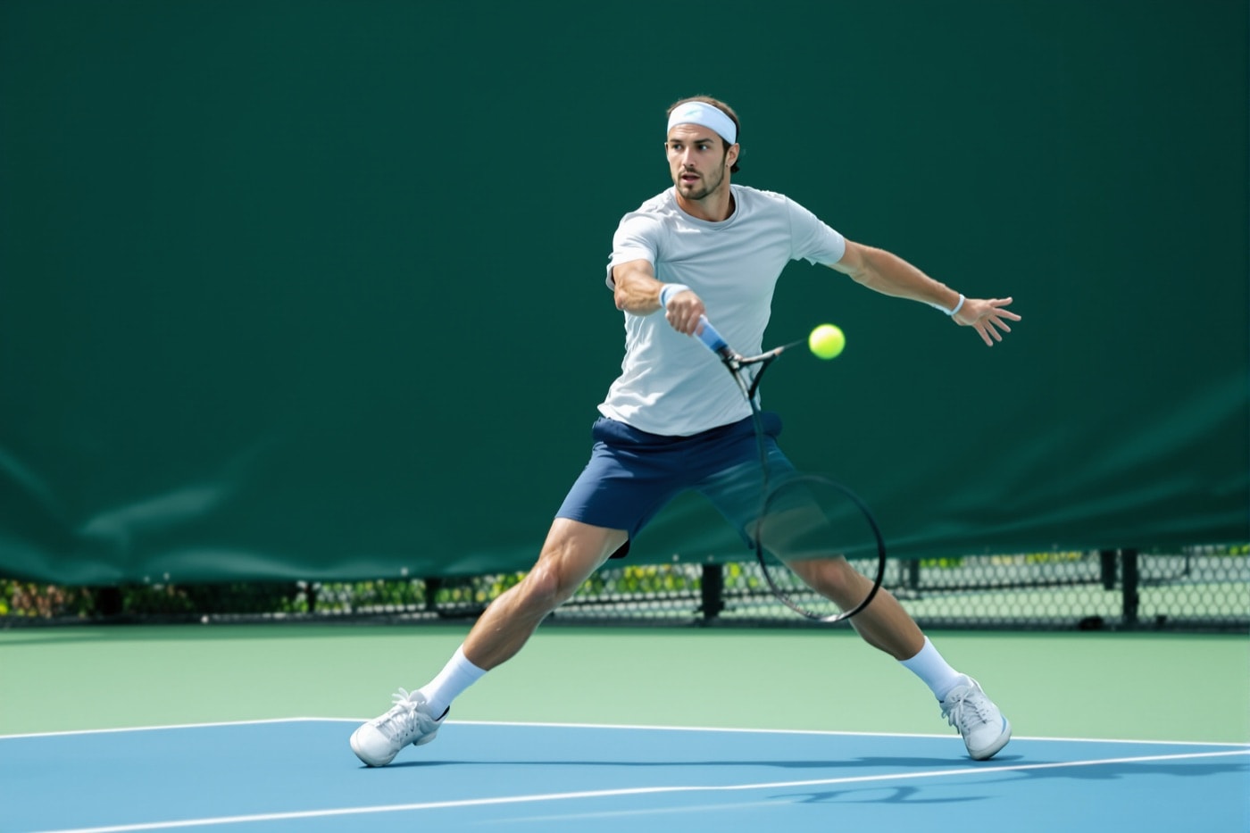 Tennis player striking a topspin forehand with contact point out in front of the body