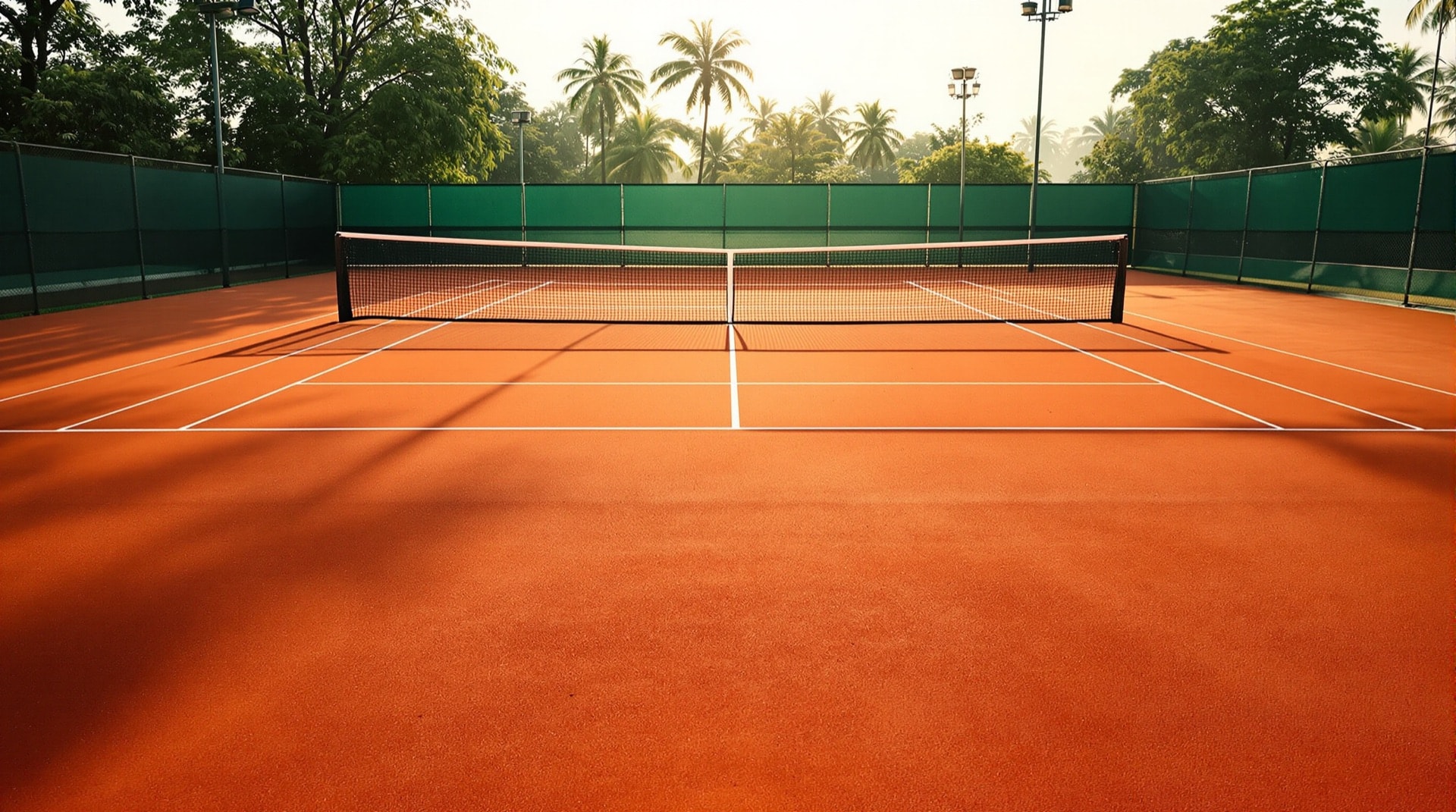 Empty outdoor clay tennis court photographed from above the baseline in late afternoon light