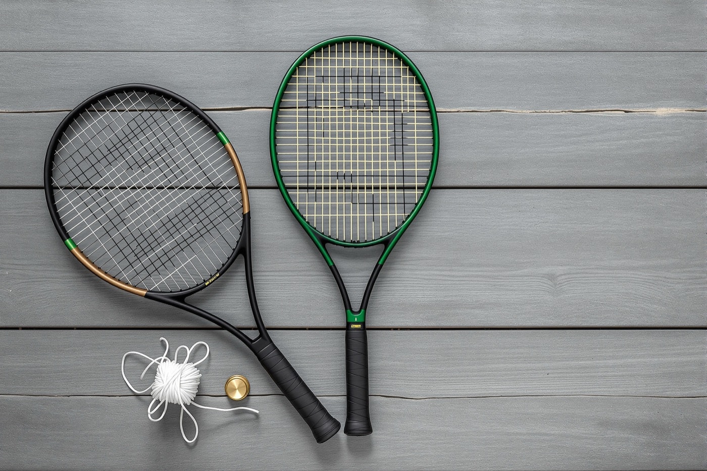 Two plain tennis rackets of different head sizes arranged on a wooden surface with a coil of string