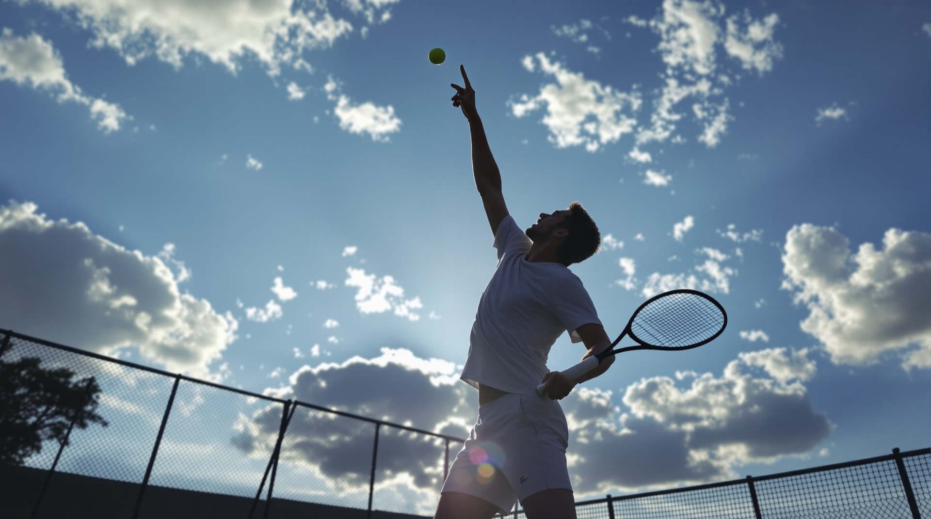 Backlit silhouette of a tennis player in the trophy position at the top of a serve toss