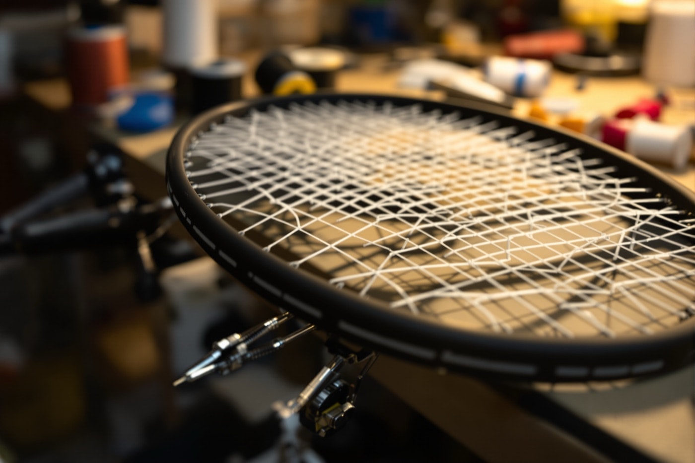 Tennis racket mounted in a stringing machine with a partly completed string bed and stringing tools