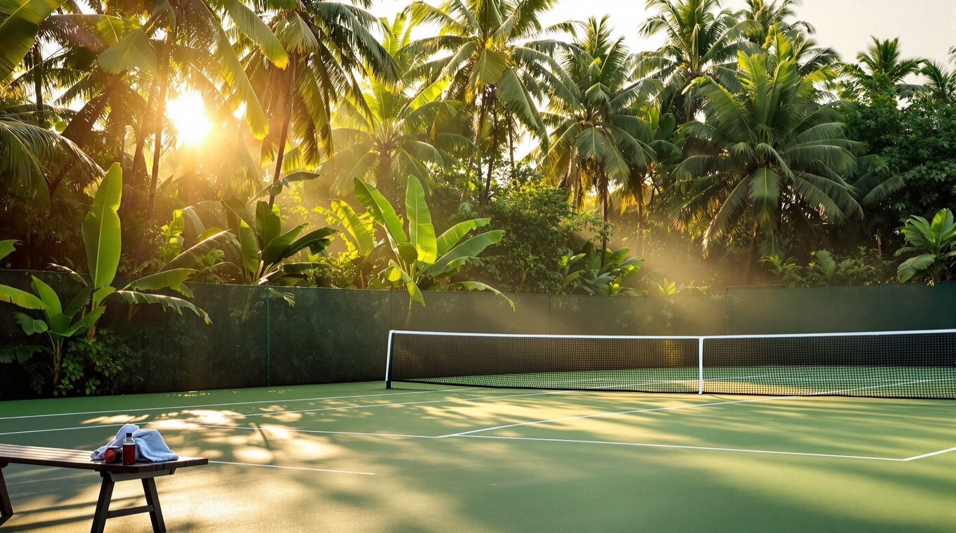 Outdoor tennis court surrounded by tropical foliage in humid golden-hour light